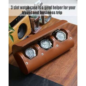 Besforu watch box organizer for mens watch case travel roll Portable 3 Watch Display Storage with Ve...