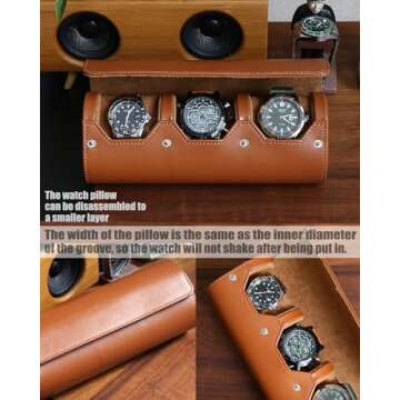 Besforu watch box organizer for mens watch case travel roll Portable 3 Watch Display Storage with Velvet Sections to Holder Large Watch (Light Brown)