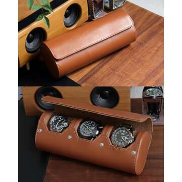 Besforu watch box organizer for mens watch case travel roll Portable 3 Watch Display Storage with Velvet Sections to Holder Large Watch (Light Brown)