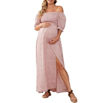 Floral Maternity Dress for Photoshoot Baby Shower, Square Neck Puff Sleeve Maternity Boho Smocked Pr...
