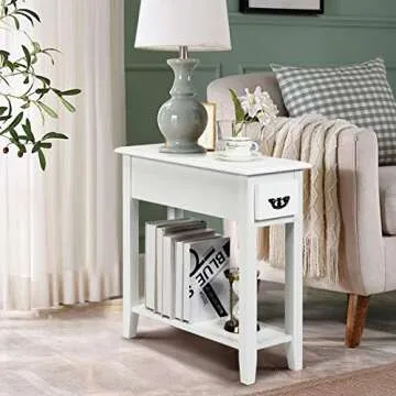 Tangkula Narrow End Table, Slim Side Table with Drawer and Open Shelf, Small End Tables for Small Spaces, Narrow Nightstand Bedside Table for Living Room Bedroom, 9.8 x 23.6 x 23.6 Inches (1, White)