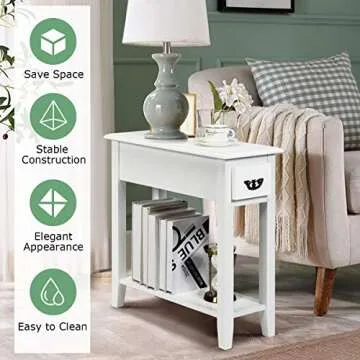 Tangkula Narrow End Table, Slim Side Table with Drawer and Open Shelf, Small End Tables for Small Spaces, Narrow Nightstand Bedside Table for Living Room Bedroom, 9.8 x 23.6 x 23.6 Inches (1, White)