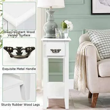 Tangkula Narrow End Table, Slim Side Table with Drawer and Open Shelf, Small End Tables for Small Spaces, Narrow Nightstand Bedside Table for Living Room Bedroom, 9.8 x 23.6 x 23.6 Inches (1, White)
