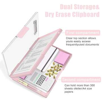 Hongri Clipboard with Storage, Pink 8.5 x 11 Folder Nursing Side Opening, Heavy Duty with Dual Compartment, Dry Erase Clear Cover, Smooth Writing for Teachers, Classroom, Office & School Supplies