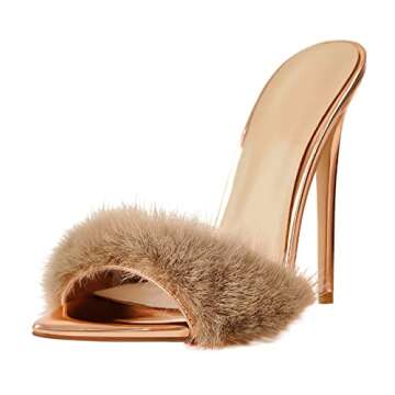 Richealnana Women's Fuzzy Feather Slip On Pointy Toe Mules Sandals Sexy Slim High Heels Party Dress Slipper Rose Gold Size 9