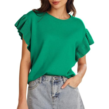 Pink Queen Womens Ruffle Edge Sleeves Tops Casual Crew Neck Loose Fit Knit Lightweight Sweater Pullo...