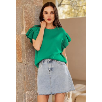 Pink Queen Womens Ruffle Edge Sleeves Tops Casual Crew Neck Loose Fit Knit Lightweight Sweater Pullover Top Green L