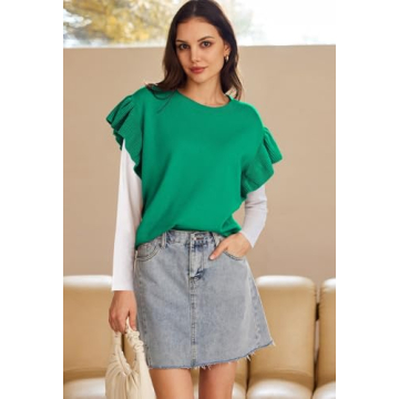 Pink Queen Womens Ruffle Edge Sleeves Tops Casual Crew Neck Loose Fit Knit Lightweight Sweater Pullover Top Green L