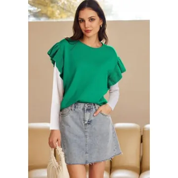 Pink Queen Womens Ruffle Edge Sleeves Tops Casual Crew Neck Loose Fit Knit Lightweight Sweater Pullover Top Green L