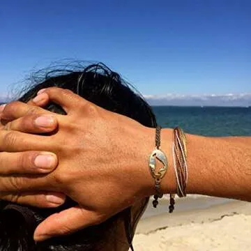 Metallic Gold Tan Aqua Surfer String Bracelet with Hematite Stones Handmade Unisex Waterproof Waxed ...