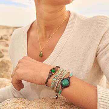 Metallic Gold Tan Aqua Surfer String Bracelet with Hematite Stones Handmade Unisex Waterproof Waxed Cord Beach Jewelry Rope Friendship Bracelet Adjustable for 6.5-7.5 Inch Wrist by Rumi Sumaq