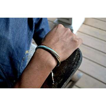 Metallic Gold Tan Aqua Surfer String Bracelet with Hematite Stones Handmade Unisex Waterproof Waxed Cord Beach Jewelry Rope Friendship Bracelet Adjustable for 6.5-7.5 Inch Wrist by Rumi Sumaq