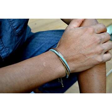 Metallic Gold Tan Aqua Surfer String Bracelet with Hematite Stones Handmade Unisex Waterproof Waxed Cord Beach Jewelry Rope Friendship Bracelet Adjustable for 6.5-7.5 Inch Wrist by Rumi Sumaq