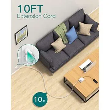 10Ft Long Surge Protector Power Strip, Addtam Extension Cord with 8 AC Outlets and 4 USB Ports(1 USB C), 3-Side Outlet Extender Strip, Flat Plug, Wall Mount, Dorm Home Office Essential, ETL Listed