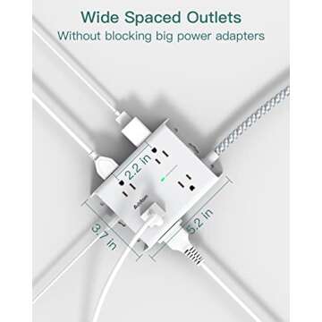 10Ft Long Surge Protector Power Strip, Addtam Extension Cord with 8 AC Outlets and 4 USB Ports(1 USB C), 3-Side Outlet Extender Strip, Flat Plug, Wall Mount, Dorm Home Office Essential, ETL Listed