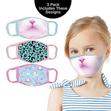 ABG Accessories Girls' 3-Pack Kid Fashionable Protection, Reusable Fabric Face Mask Age 3-7, Unicorn...