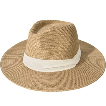FURTALK Womens Mens Wide Brim Straw Panama Hat Fedora Summer Beach Sun Hat UPF Straw Hat for Women Khaki-Beige