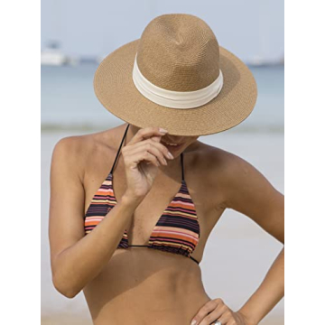 FURTALK Womens Mens Wide Brim Straw Panama Hat Fedora Summer Beach Sun Hat UPF Straw Hat for Women Khaki-Beige