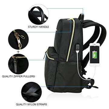 KROSER Laptop Backpack 15.6 Inch Fashion Backpack Water-Repellent Computer Backpack Laptop Bag Nylon Causal Daypack with USB Charging Port for Travel/Business/College/Women/Men-Black