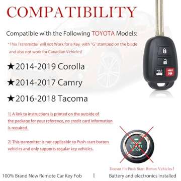 Key Fob Remote Replacement Fits for Toyota Corolla 2014 2015 2016 2017 2018 2019/Camry 2014-2017/Tacoma 2016-2018 HYQ12BDM Keyless Entry Remote Control HYQ12BEL 89070-02880 H Chip(Pack of 1)
