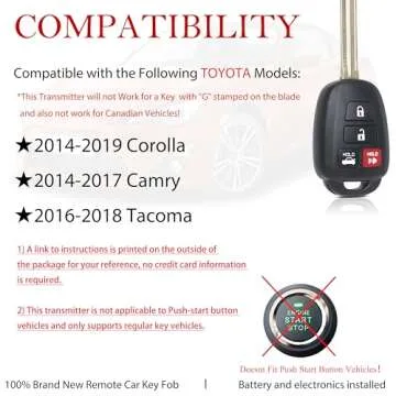 Key Fob Remote Replacement Fits for Toyota Corolla 2014 2015 2016 2017 2018 2019/Camry 2014-2017/Tacoma 2016-2018 HYQ12BDM Keyless Entry Remote Control HYQ12BEL 89070-02880 H Chip(Pack of 1)