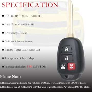 Key Fob Remote Replacement Fits for Toyota Corolla 2014 2015 2016 2017 2018 2019/Camry 2014-2017/Tacoma 2016-2018 HYQ12BDM Keyless Entry Remote Control HYQ12BEL 89070-02880 H Chip(Pack of 1)