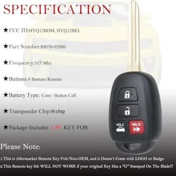 Key Fob Remote Replacement Fits for Toyota Corolla 2014 2015 2016 2017 2018 2019/Camry 2014-2017/Tacoma 2016-2018 HYQ12BDM Keyless Entry Remote Control HYQ12BEL 89070-02880 H Chip(Pack of 1)