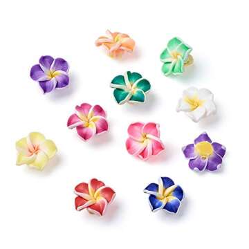 KISSITTY 200-Piece Random Mixed Color Handmade Polymer Clay 3D Plumeria Flower Spacer Loose Beads 15x8mm with Holes 2mm for DIY Jewelry Craft Making