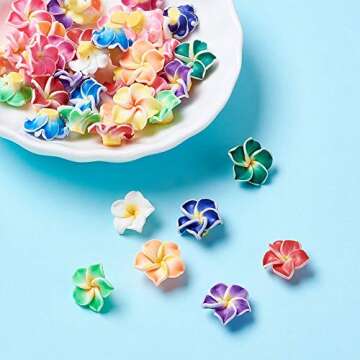 KISSITTY 200-Piece Random Mixed Color Handmade Polymer Clay 3D Plumeria Flower Spacer Loose Beads 15x8mm with Holes 2mm for DIY Jewelry Craft Making