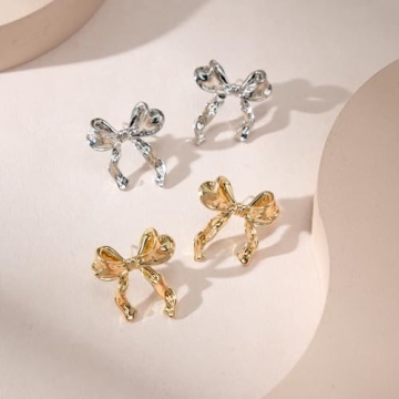 SWEETV Gold Bow Earrings for Women, 925 Sterling Silver Post Ribbon Knot Stud Earrings, Daily Jewelry Accessory Valentines Day Gifts