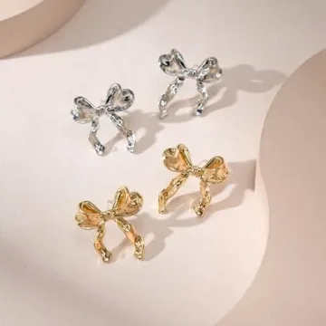 SWEETV Gold Bow Earrings for Women, 925 Sterling Silver Post Ribbon Knot Stud Earrings, Daily Jewelry Accessory Valentines Day Gifts