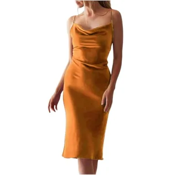 xxxiticat Women's Sleeveless Spaghetti Strap Satin Dress Cocktail Beach Evening Party Cowl Neck Dot Leopard Midi Dresses(Split,RU,L)