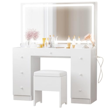 Chic IRONCK Vanity Desk with LED Mirror & 7 Drawers