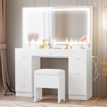 Chic IRONCK Vanity Desk with LED Mirror & 7 Drawers