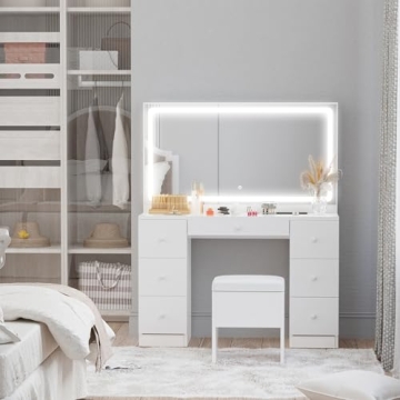 Chic IRONCK Vanity Desk with LED Mirror & 7 Drawers