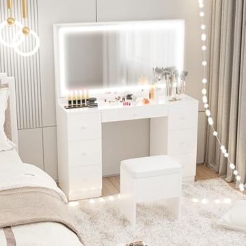 Chic IRONCK Vanity Desk with LED Mirror & 7 Drawers