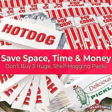 Super Fun, Grease-Proof Food Wrapper 300 Combo Pack. 100 Each Pickle, Hot Dog and Popcorn Durable Retro Bags. Snack Bag Trio for Party Favors or Treats. Great for Themed Parties, Carnival and Festival