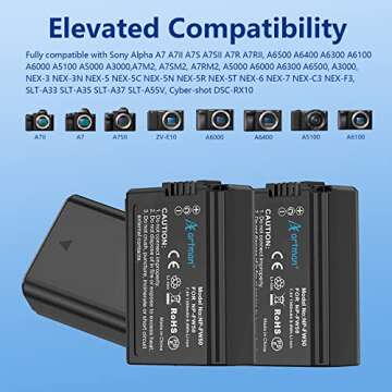 Artman NP-FW50 Battery 3-Pack and Upgraded 3-Slot ZV-E10 Battery LCD Charger for Sony ZV E10, Alpha ...