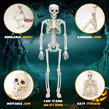 daboot 1 Piece Halloween Skeleton Decorations, 26'' Posable Skeleton Halloween Prop for Haunted House Indoor Outdoor Decoration Spooky Decor, Full Body with Movable Joints