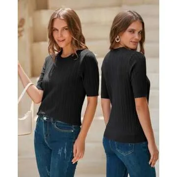 Arach&Cloz Womens Summer Sweater 2025 Spring Tops Business Trendy Dressy Short Sleeve Casual Blouses Outfits Crew Neck Fashion Lightweight Knit Pullover Cute Shirts Western Vacation Resort Wear Black