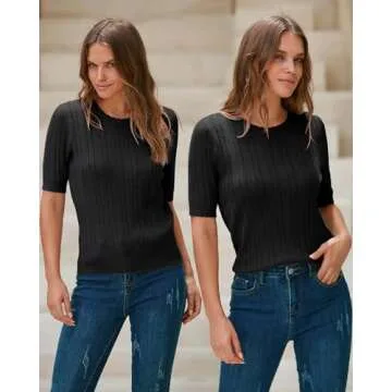 Arach&Cloz Womens Summer Sweater 2025 Spring Tops Business Trendy Dressy Short Sleeve Casual Blouses Outfits Crew Neck Fashion Lightweight Knit Pullover Cute Shirts Western Vacation Resort Wear Black