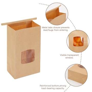 Moretoes 100pcs Small Bakery Bags with Window, Cookie Bags Pastry Bags Kraft Paper Bags, 3.54x2.36x6.7in Tin Tie Tab Bags Brown Window Bags