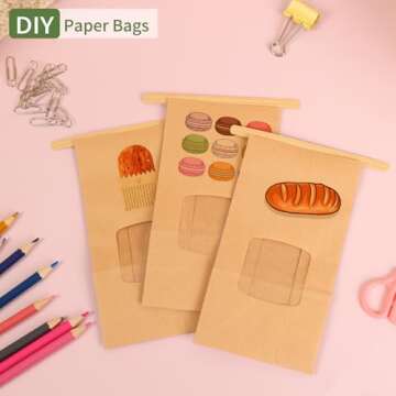 Moretoes 100pcs Small Bakery Bags with Window, Cookie Bags Pastry Bags Kraft Paper Bags, 3.54x2.36x6.7in Tin Tie Tab Bags Brown Window Bags