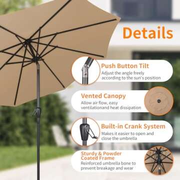 HOMEDEMO 9FT Outdoor Patio Umbrella Outdoor Table Umbrella with Push Button Tilt and Crank, Market Umbrella 8 Sturdy Ribs UV Protection Waterproof(Khaki)