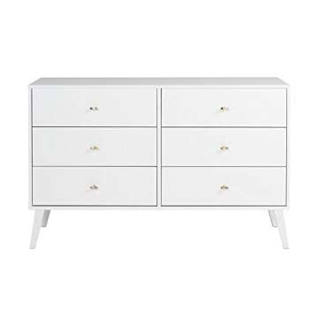 Prepac Milo Mid-Century 6 Drawer Double Dresser for Bedroom, 16" D x 52.50" W x 33" H, White & Milo Mid-Century Modern 2 Drawer Nightstand with Open Shelf, 16" D x 22.5" W x 29.5" H, White