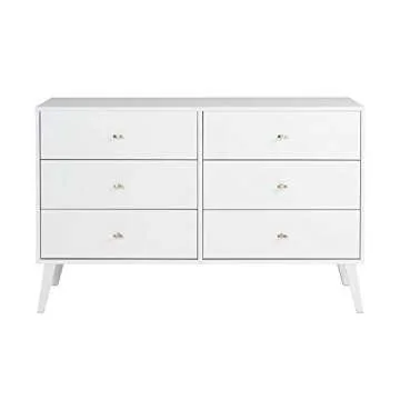 Prepac Milo Mid-Century 6 Drawer Double Dresser for Bedroom, 16" D x 52.50" W x 33" H, White & Milo Mid-Century Modern 2 Drawer Nightstand with Open Shelf, 16" D x 22.5" W x 29.5" H, White