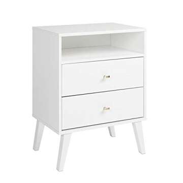 Prepac Milo Mid-Century 6 Drawer Double Dresser for Bedroom, 16" D x 52.50" W x 33" H, White & Milo Mid-Century Modern 2 Drawer Nightstand with Open Shelf, 16" D x 22.5" W x 29.5" H, White