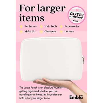 Embla Makeup Bag Travel Cosmetics Pouch and Toiletry Bag, Nylon Zipper Pouch Purse, Cute Make Up Organizer Storage Tote for Women Girls, Waterproof Travel Skincare Case, Large Makeup Bags, White