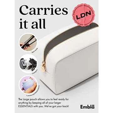 Embla Makeup Bag Travel Cosmetics Pouch and Toiletry Bag, Nylon Zipper Pouch Purse, Cute Make Up Organizer Storage Tote for Women Girls, Waterproof Travel Skincare Case, Large Makeup Bags, White