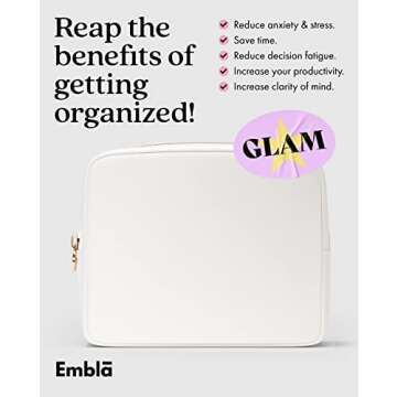 Embla Makeup Bag Travel Cosmetics Pouch and Toiletry Bag, Nylon Zipper Pouch Purse, Cute Make Up Organizer Storage Tote for Women Girls, Waterproof Travel Skincare Case, Large Makeup Bags, White